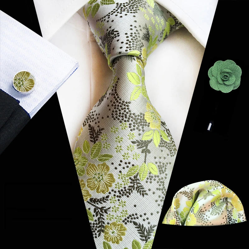 Floral Silk Necktie, Pocket Square & Cufflinks Set – Multiple Colors