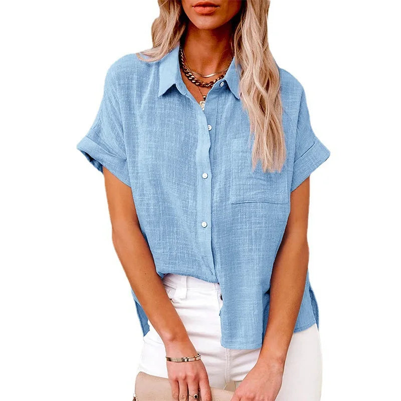 Women's Linen Pocket Blouse - Short Sleeve Loose Fit (S-5XL)