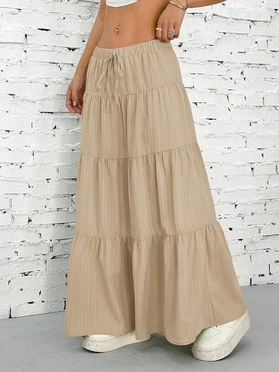 Tie-Strap Pleated Flared Maxi Skirt