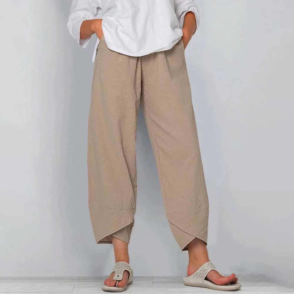 Pantalones bombachos de algodón y lino para mujer, estampado vintage, pierna ancha, casual, bolsillos lisos, Harajuku, cintura alta, holgados, joggers