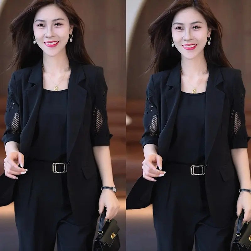 Women's 3-Piece Vintage Hollow Jacket Suit Set – Jacket, Tank Top & Pants