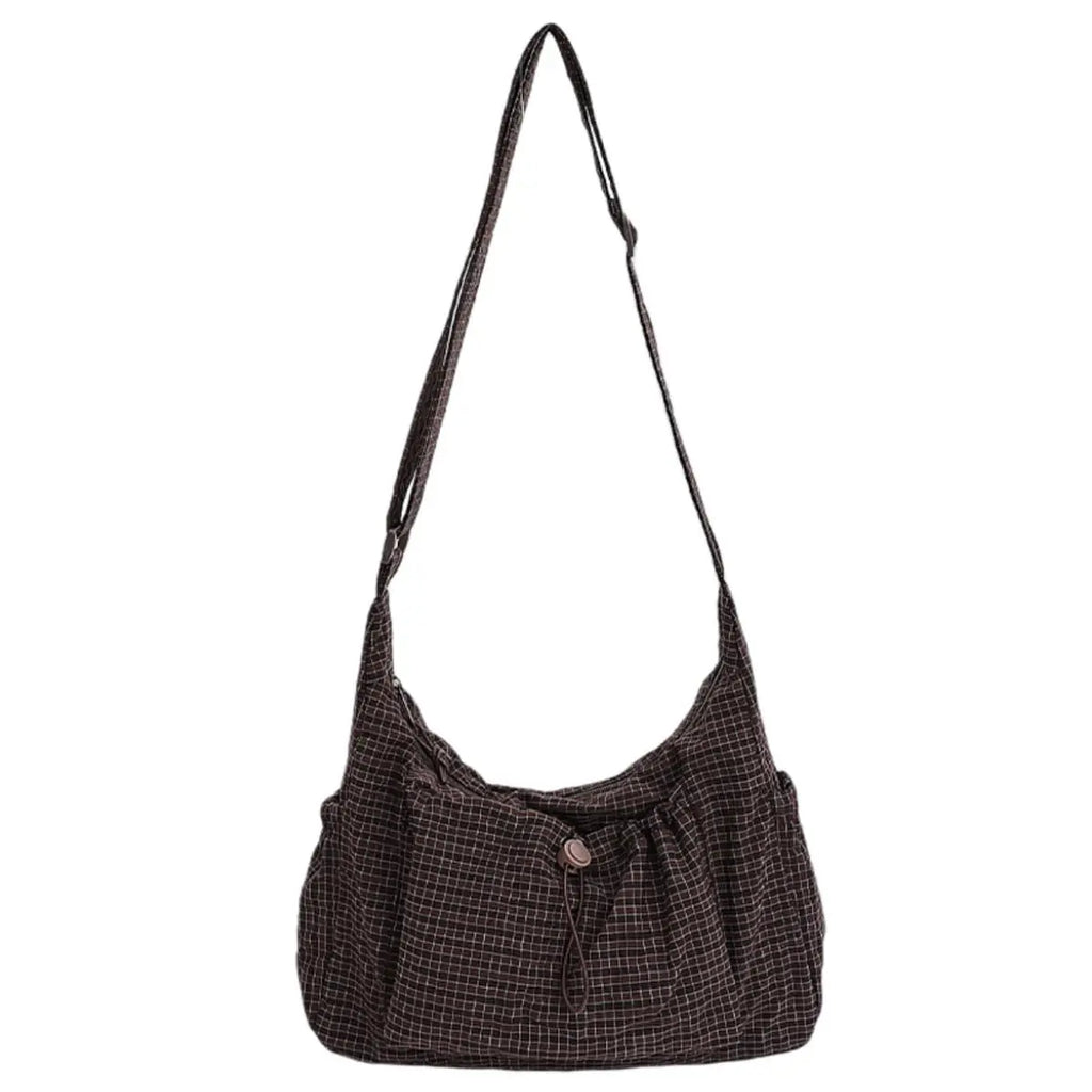 Korean Style Plaid Casual Shoulder Bag, Lightweight Checkered Crossbody Bag with Adjustable Strap, Cotton Quilted Fabric Handbag