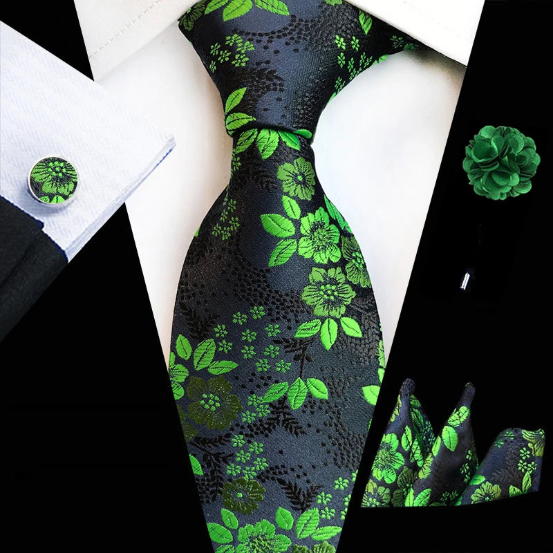 Floral Silk Necktie, Pocket Square & Cufflinks Set – Multiple Colors