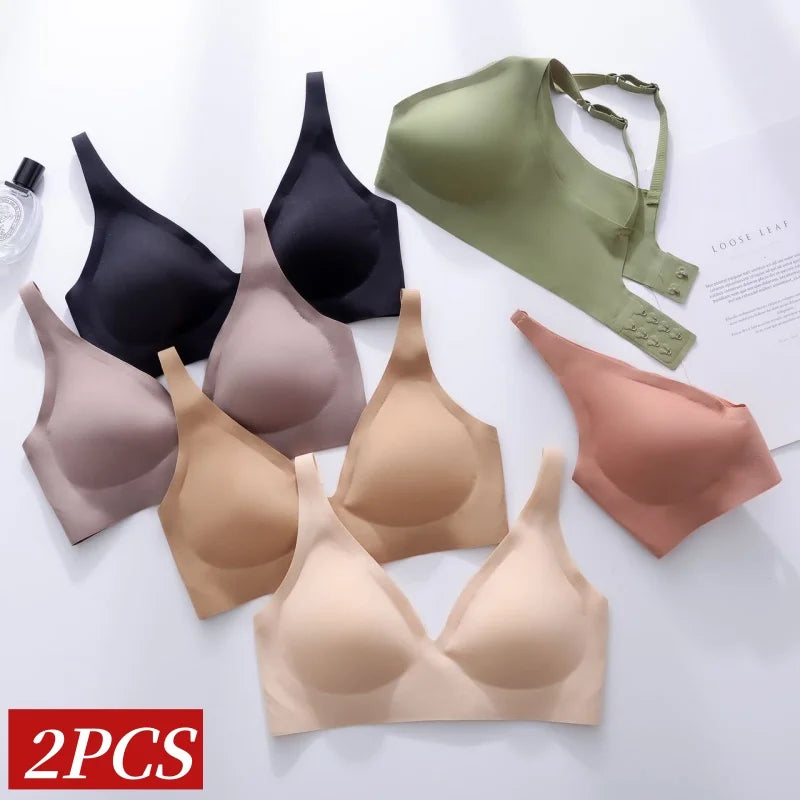 2-Pack Seamless Wireless Bras for Women | Deep V Push-Up Bralette | Soft Padded Convertible Straps S-2XL