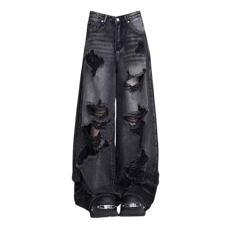 Vintage Black Ripped Wide-Leg Jeans
