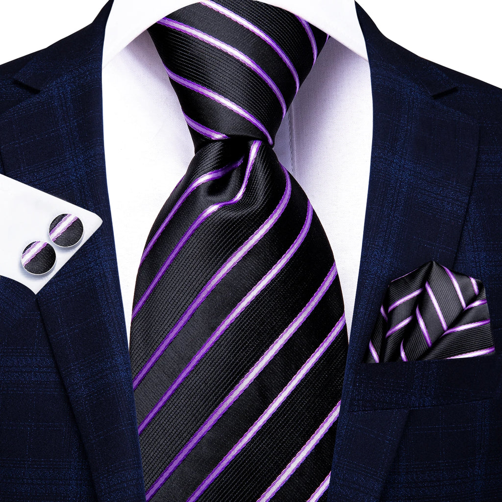 Striped Jacquard Necktie, Pocket Square & Cufflinks Set – Purple