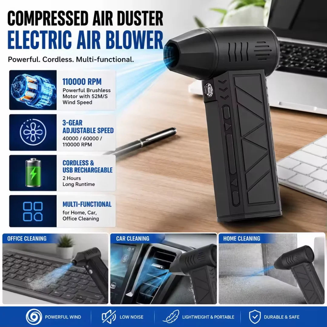 160,000 RPM Brushless Turbo Jet Air Duster — Variable Speed Handheld Blower with LED