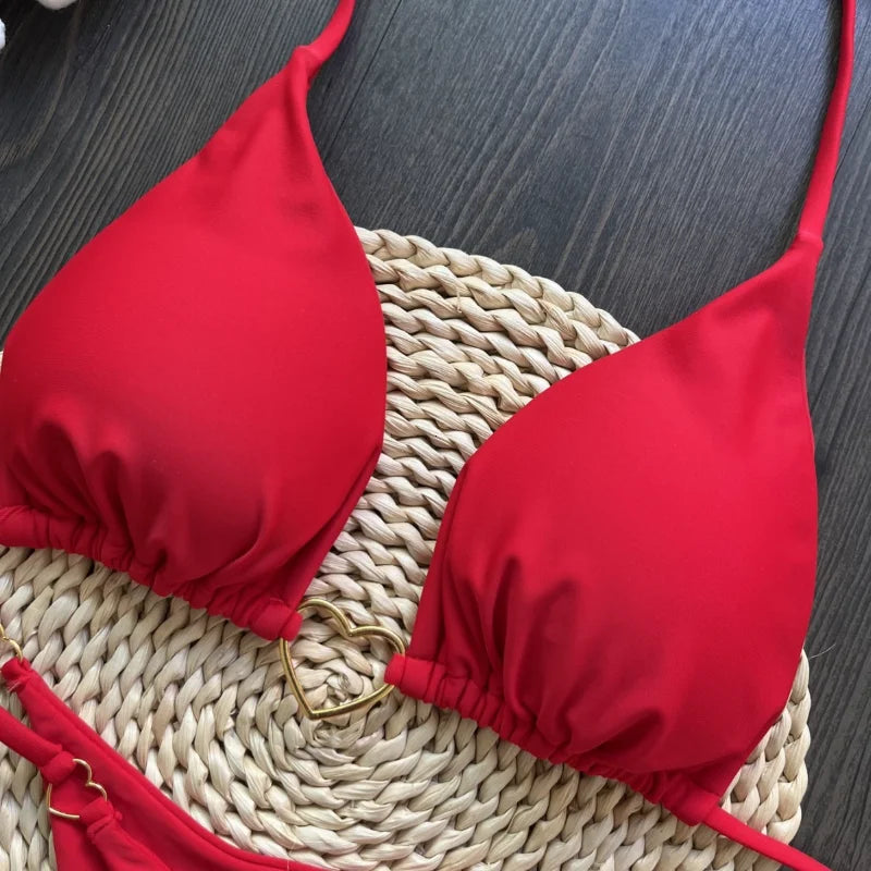 Low-Rise Lace-Up Bikini Set – Solid Color Two-Piece Swimsuit