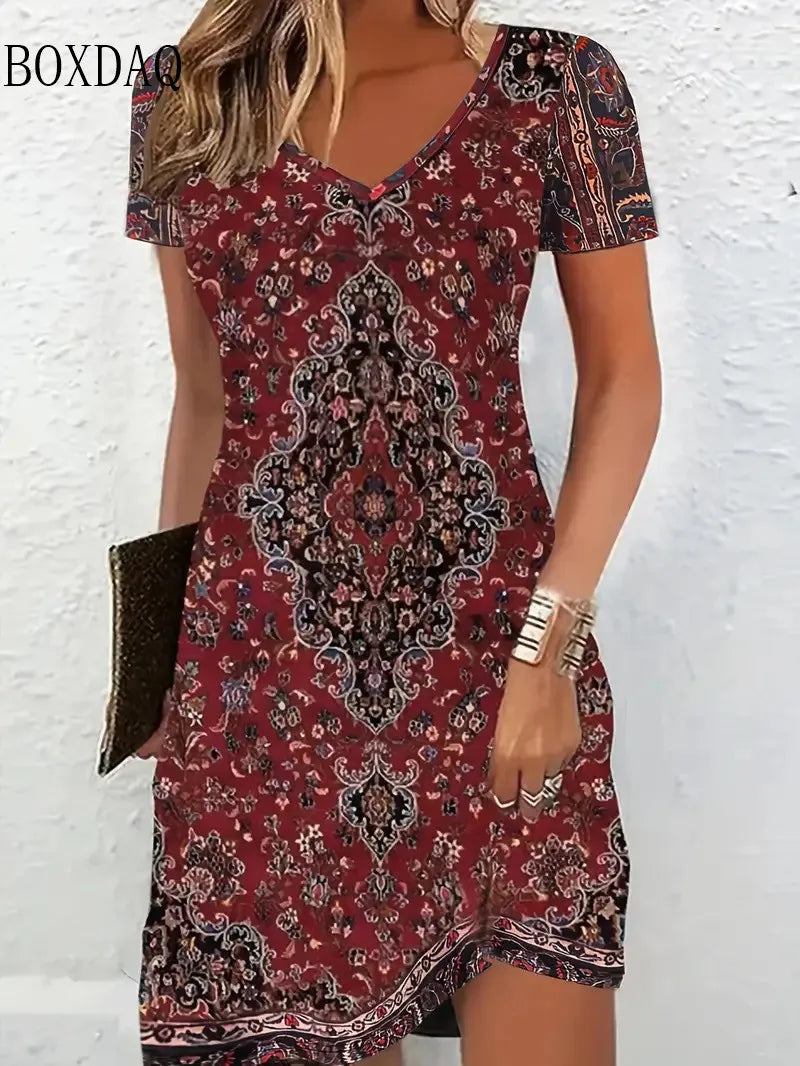 Women's 3D Floral Print Short Sleeve V-Neck A-Line Dress