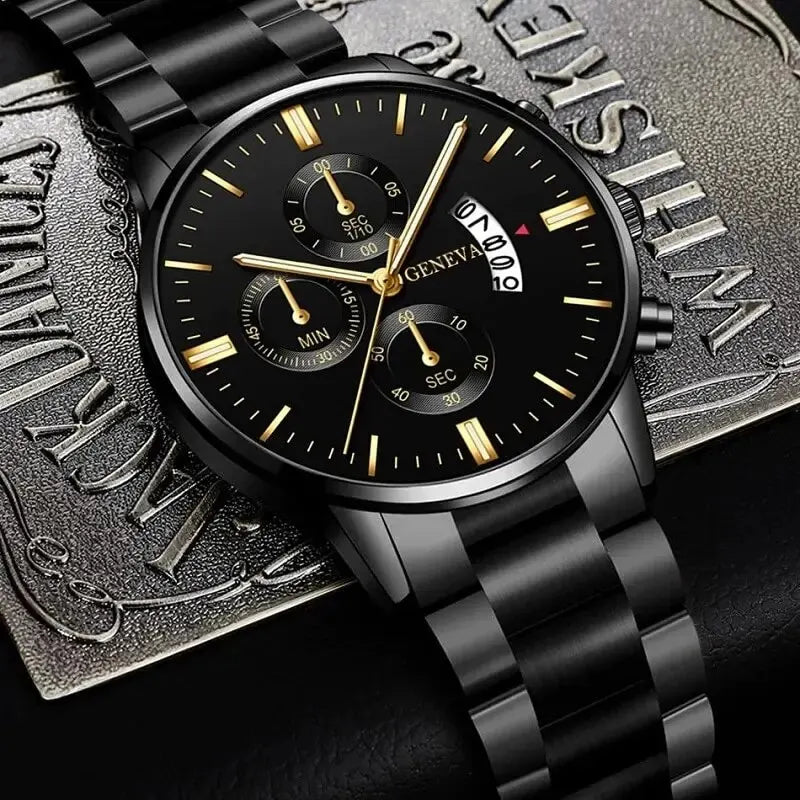 Men's Quartz Watch & Bracelet Gift Set – Calendar Chronograph-Style Dial