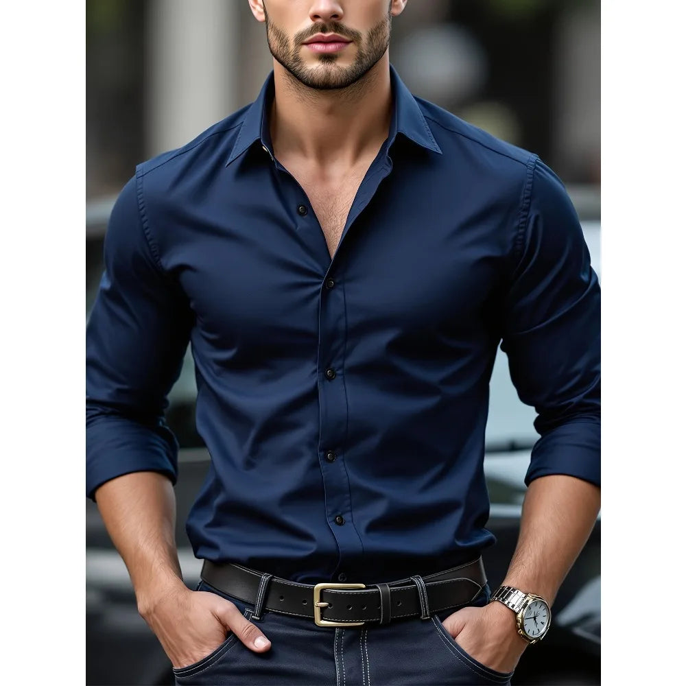 Camisa de manga larga de color liso para hombre