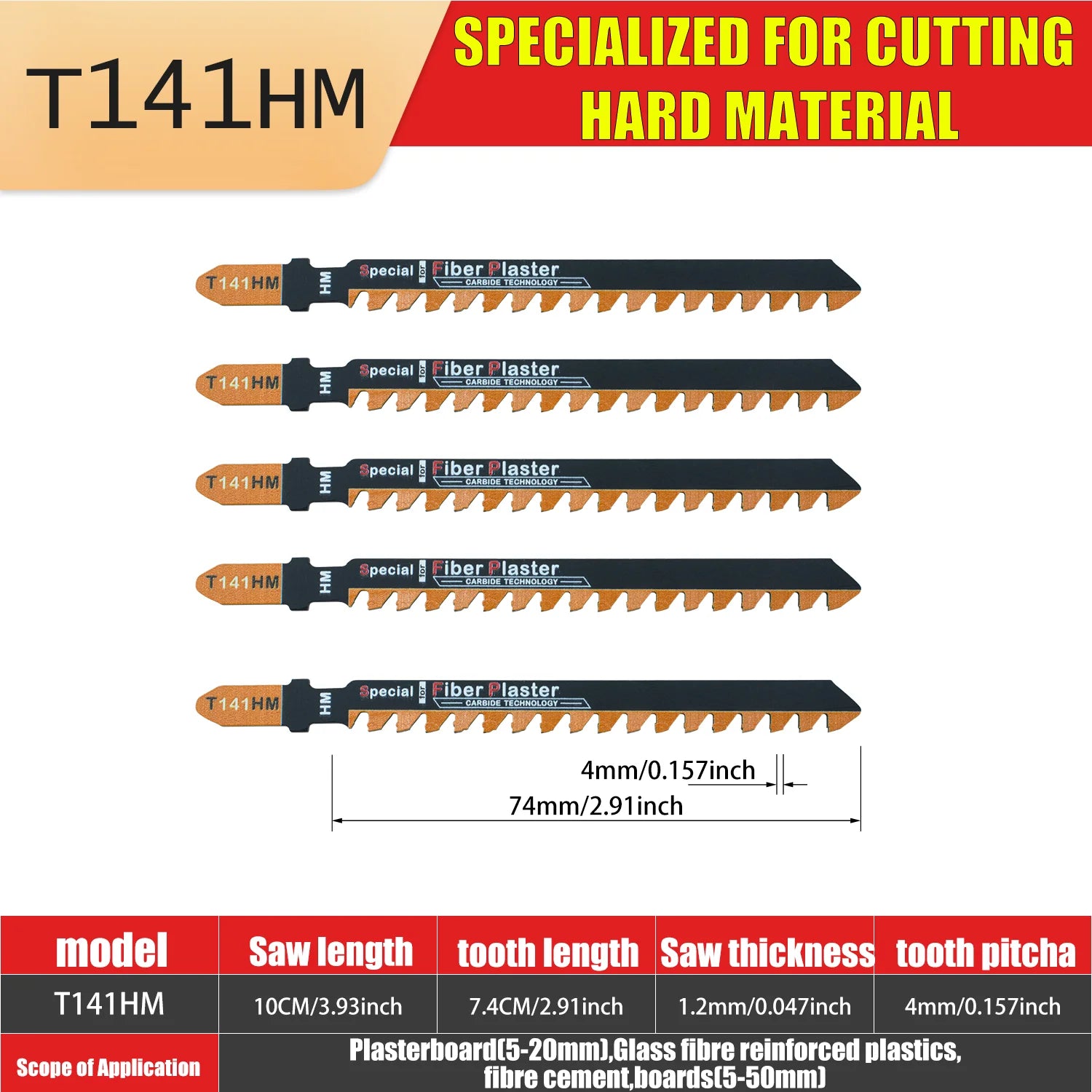 T141Hm1 1-Piece 4 in 6 Tpi Carbide-Tipped Special for Fiber and Plaster T-Shank Jig Saw Blades