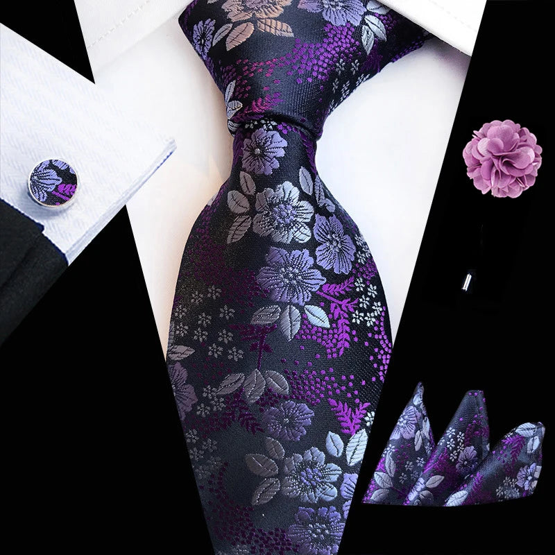 Floral Silk Necktie, Pocket Square & Cufflinks Set – Multiple Colors