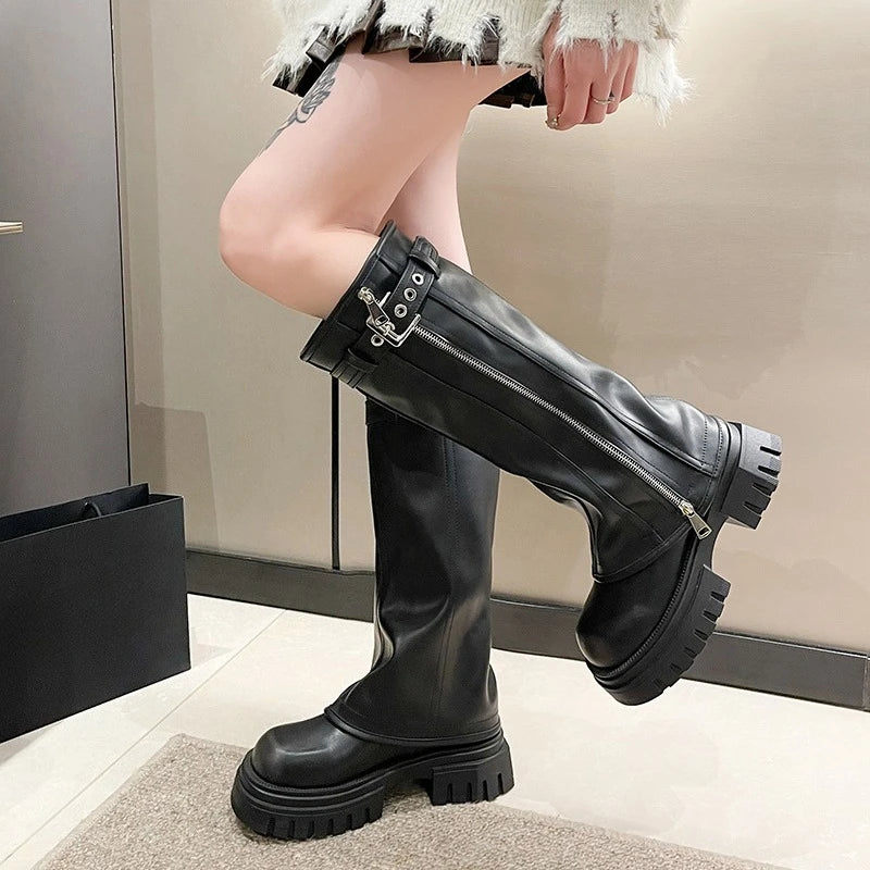Botas de motorista de invierno para mujer con hebilla de cinturón de moda para mujer, botines elegantes de plataforma de tubo largo, botines casuales hasta la rodilla para mujer 2024
