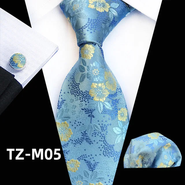 Floral Silk Necktie, Pocket Square & Cufflinks Set – Multiple Colors