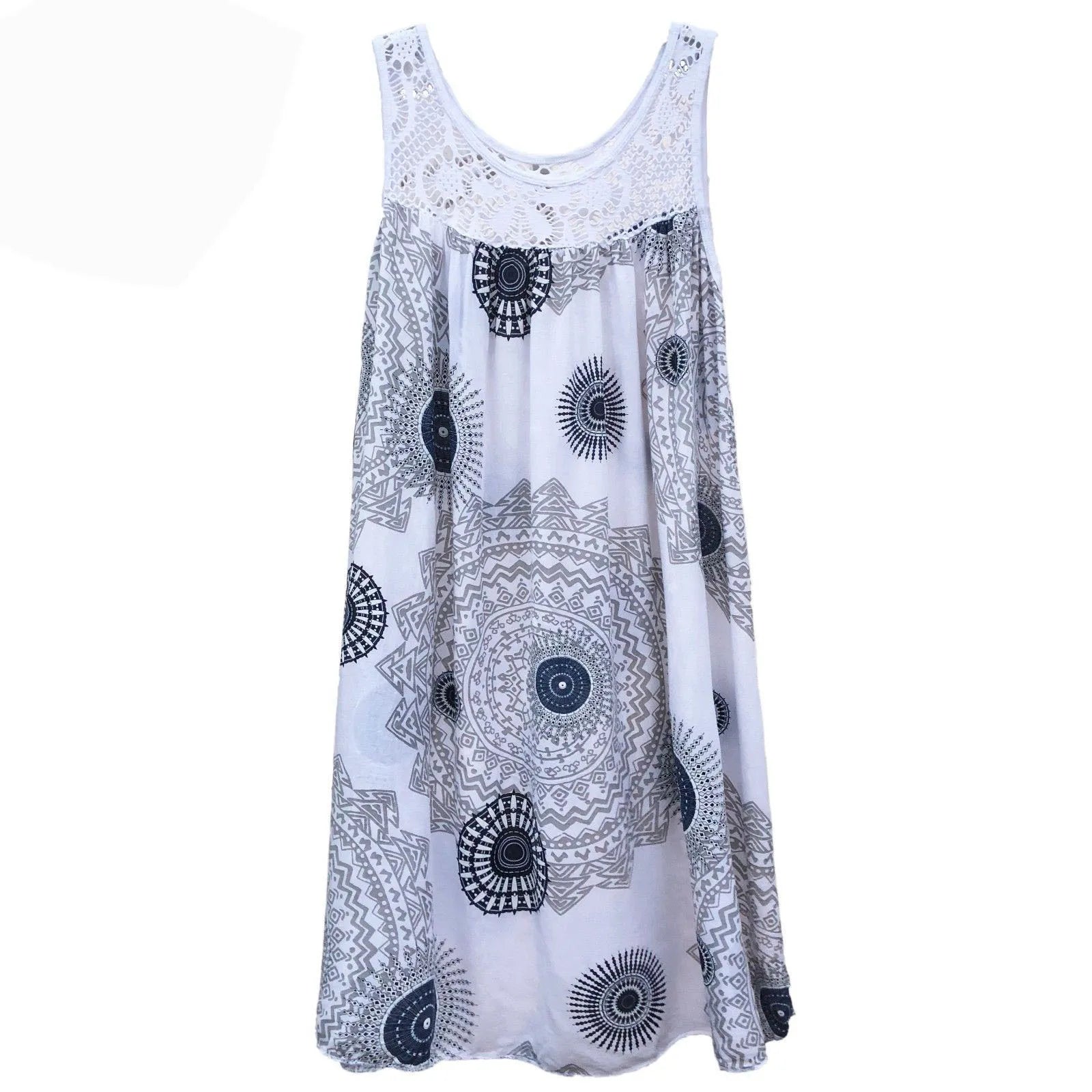 Women's Plus Size Boho Print Swing Dress – Lace Crochet Neck Sleeveless Camisole