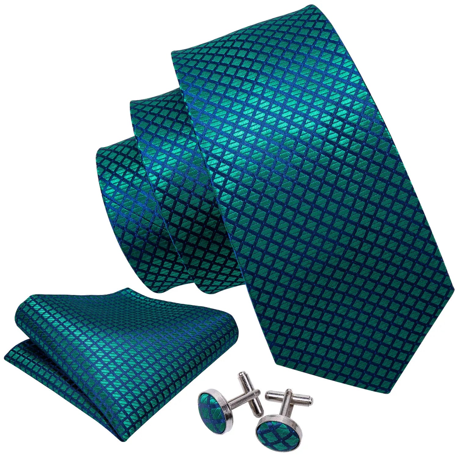 Plaid Jacquard Necktie, Pocket Square & Cufflinks Set – Blue & Green