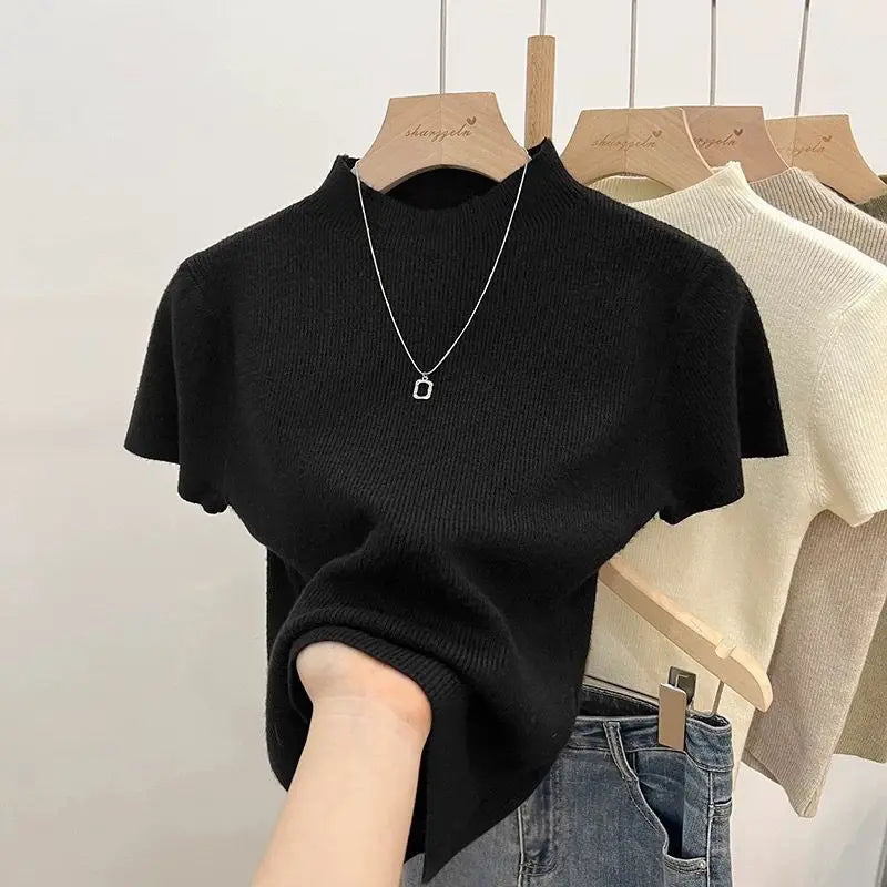 Women's Basic Turtleneck Slim Knit Sweater | Short Sleeve Bodycon Pullover Top One Size
