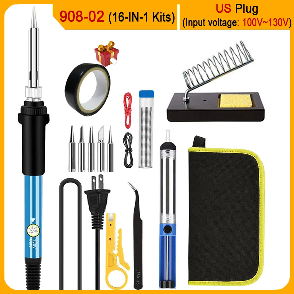 Electric Soldering Iron Kit – 60W Adjustable Temp, 10/16/20-in-1, US & EU Plug