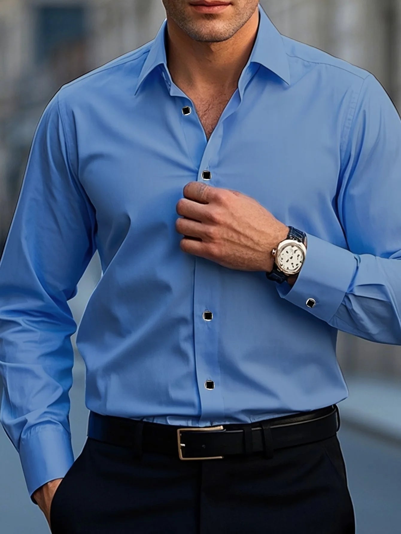 Camisa de manga larga de color liso para hombre