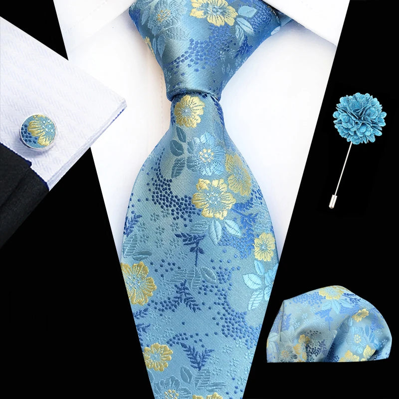 Floral Silk Necktie, Pocket Square & Cufflinks Set – Multiple Colors