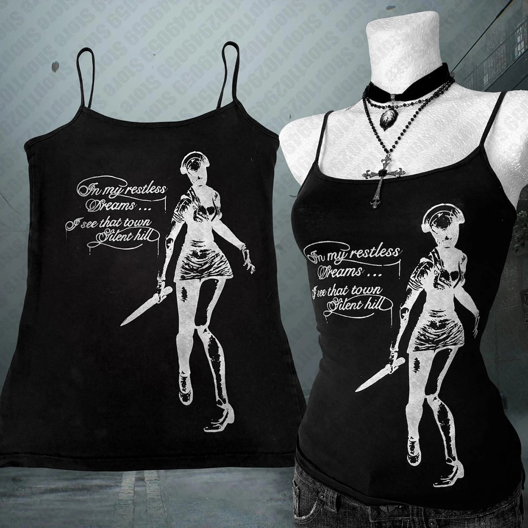 Top corto gótico estético con tirantes, estilo emo para chicas, moda Y2K, ropa vintage, camiseta bebé con estampado de letras, sin mangas, verano, Harajuku, entallada, estilo callejero de los años 2000