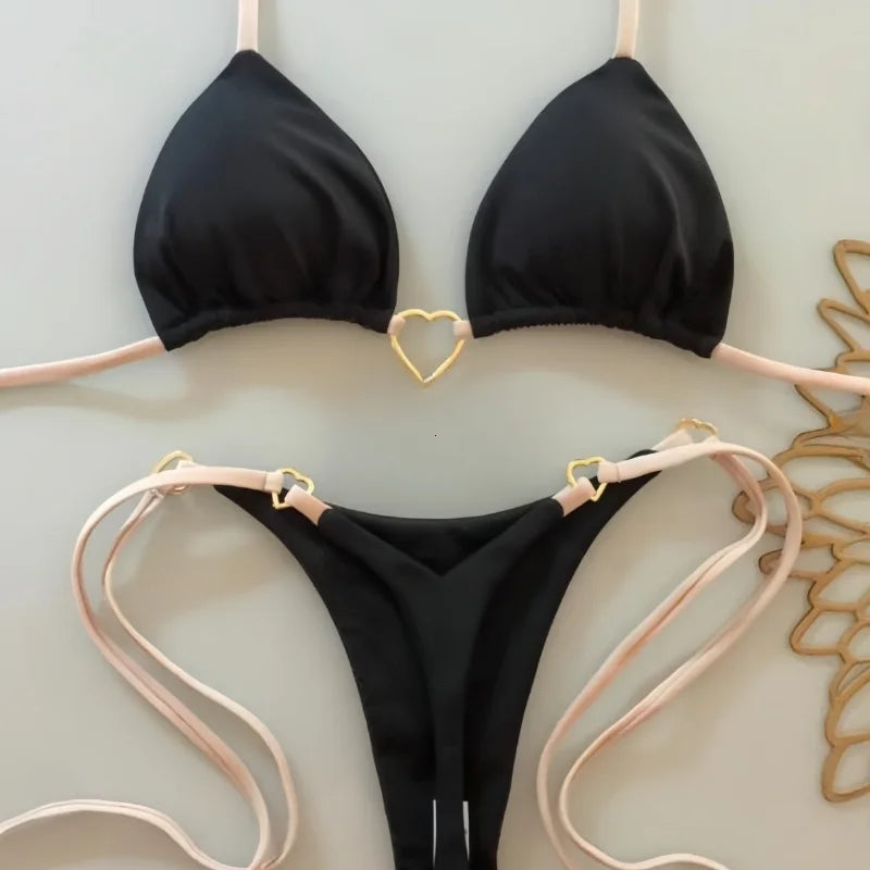 Low-Rise Lace-Up Bikini Set – Solid Color Two-Piece Swimsuit