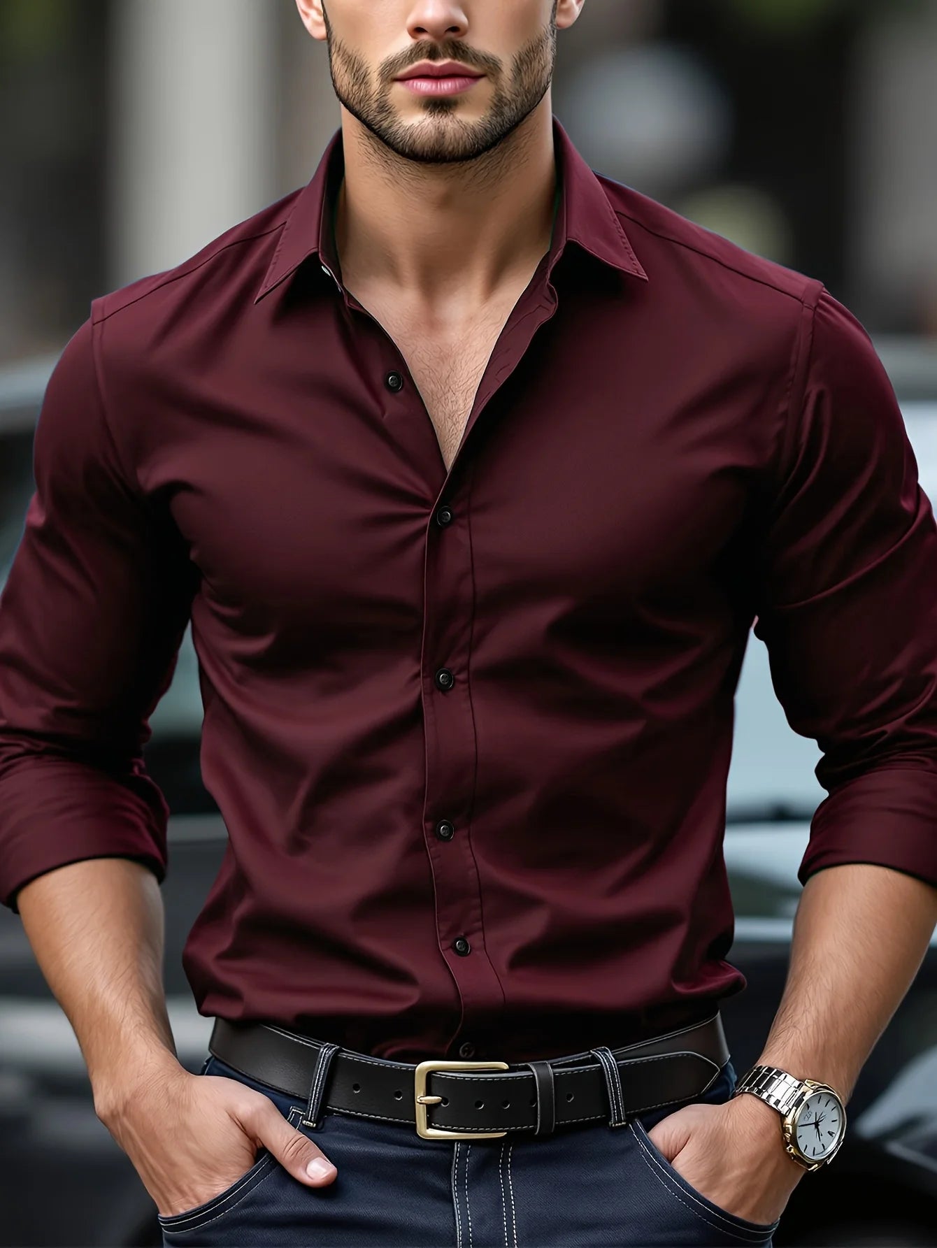 Camisa de manga larga de color liso para hombre