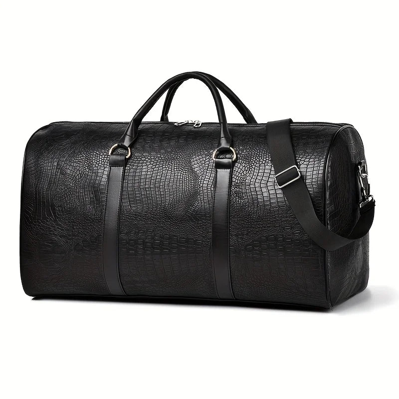 Retro Crocodile-Textured PU Leather Travel Duffel Bag
