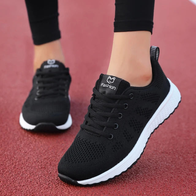 Zapatillas deportivas transpirables de malla con cordones para mujer – Calzado ligero y plano para caminar