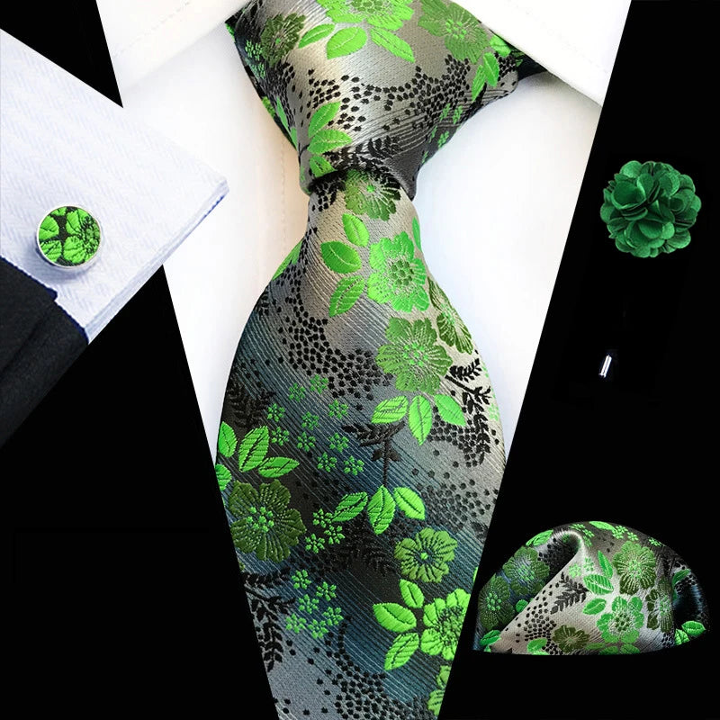 Floral Silk Necktie, Pocket Square & Cufflinks Set – Multiple Colors