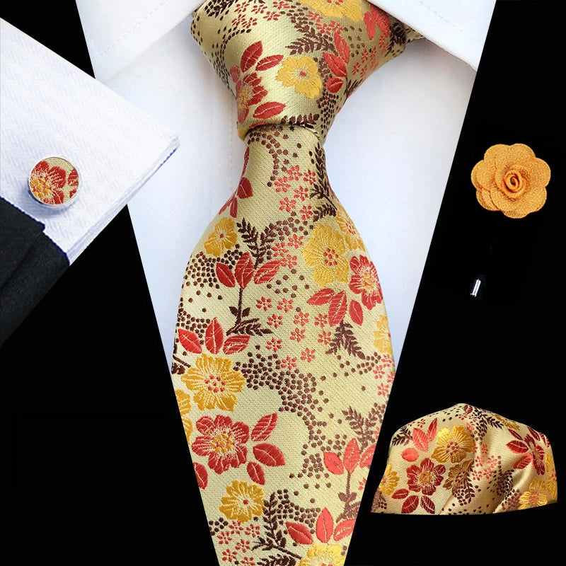 Floral Silk Necktie, Pocket Square & Cufflinks Set – Multiple Colors