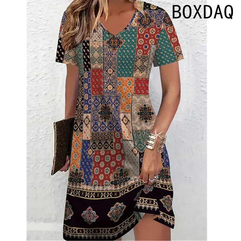 Vestido de mujer de verano de manga corta con cuello redondo, casual, holgado, línea A, talla grande 3XL, estampado 3D a rayas, elegante, vintage