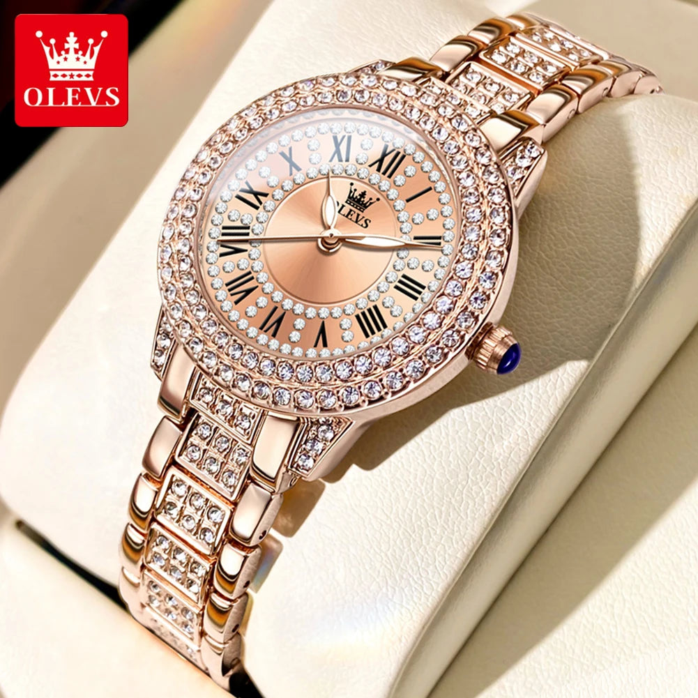 OLEVS 9943 Women's Diamond Quartz Watch | Roman Numeral Dial | Luminous | Stainless Steel Bracelet