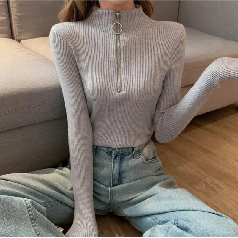 Half-Zip Mock Neck Slim Knit Sweater – 12 Colors