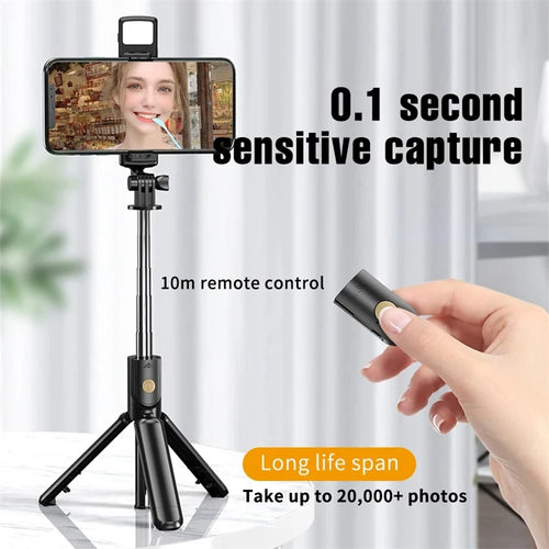 Trípode palo selfi 3 en 1 – Luz de relleno, control remoto Bluetooth y soporte plegable