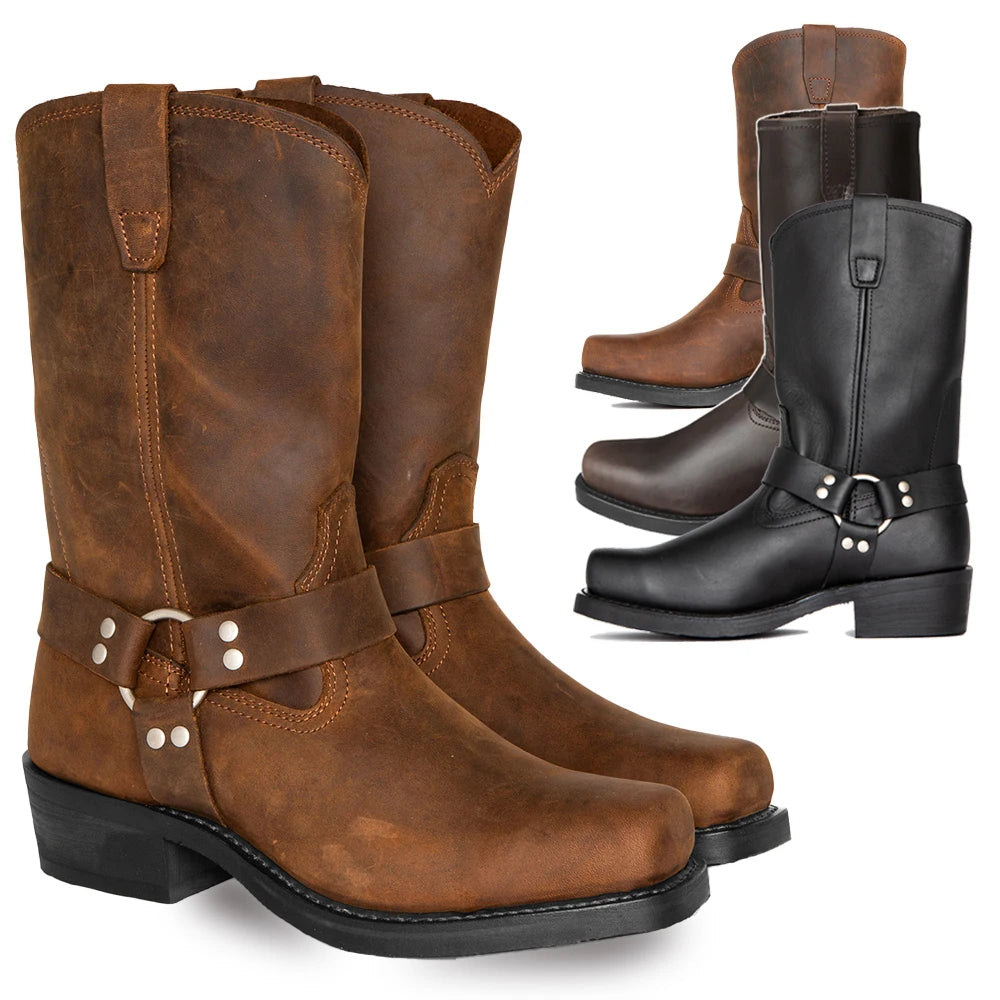 Men's Western Cowboy Boots – 4.5CM Height Boost, Square Toe Slip-On
