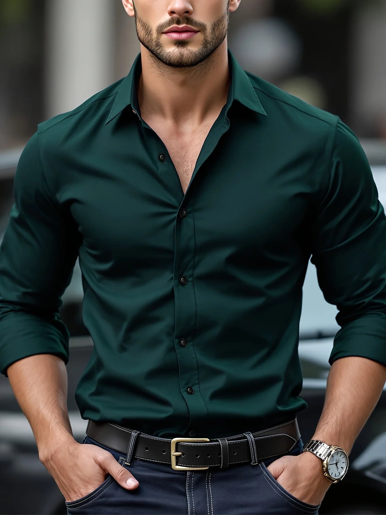 Camisa de manga larga de color liso para hombre