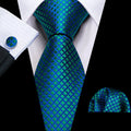 Plaid Jacquard Necktie, Pocket Square & Cufflinks Set – Blue & Green
