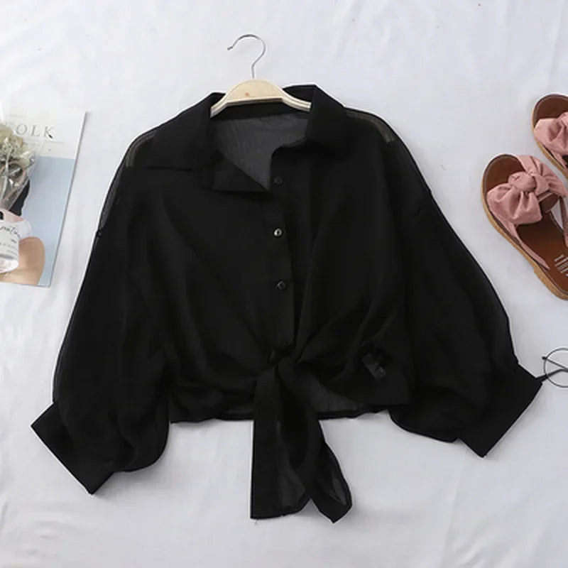 Women's Tied Waist Blouse - Bat Sleeve Button Front (S-XXL)