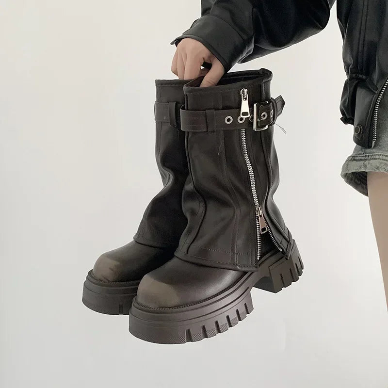 Botas de motorista de invierno para mujer con hebilla de cinturón de moda para mujer, botines elegantes de plataforma de tubo largo, botines casuales hasta la rodilla para mujer 2024