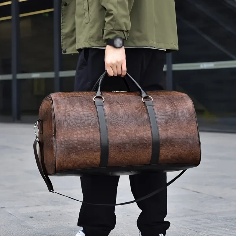 Retro Crocodile-Textured PU Leather Travel Duffel Bag