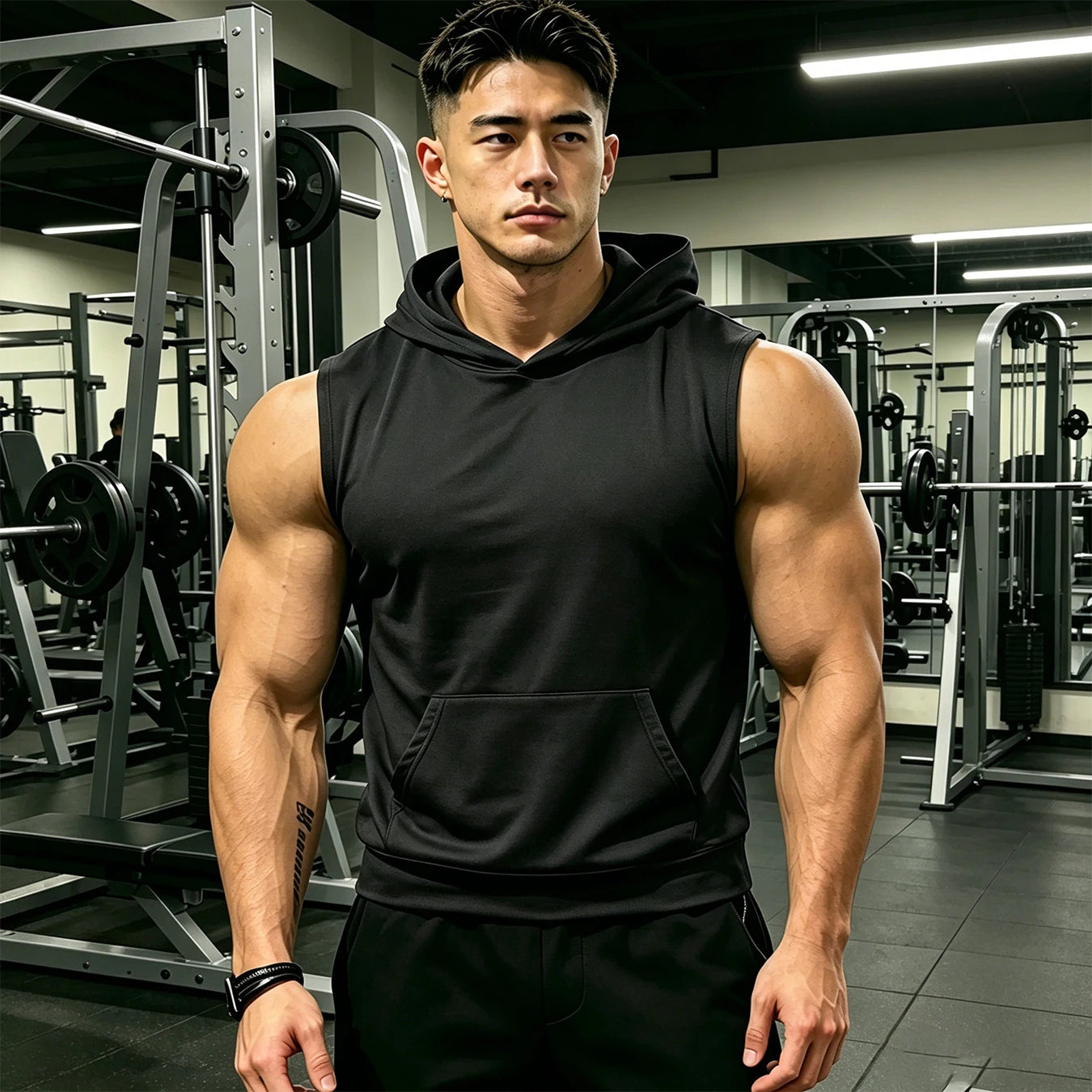 Unisex Hooded Sleeveless Gym Vest – Deep Cut Training Top with Kangaroo Pocket