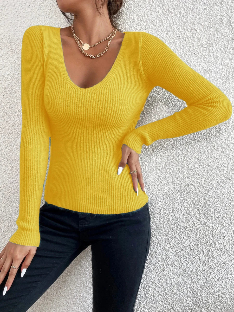 Rib Knit V-Neck Long Sleeve Sweater – 16 Colors