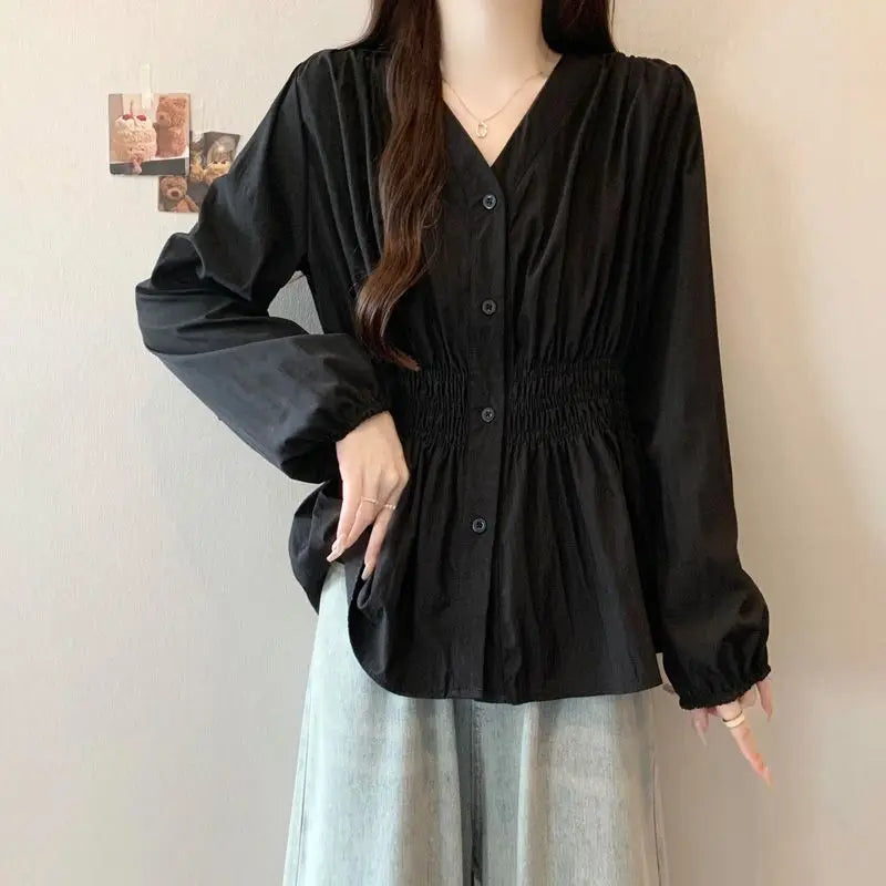 Women's Plus Size Puff Sleeve Blouse – V-Neck Smocked Waist Peplum Top