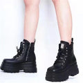 Punk Style Women Platform Wedges Boots 2025 Autumn Soft Leather Fashion Metal Rivet Female Lace Up High Heel Gothic Shoes Black
