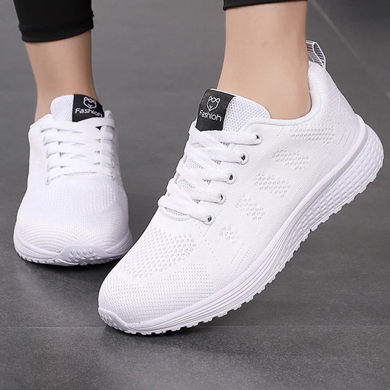 Zapatillas deportivas transpirables de malla con cordones para mujer – Calzado ligero y plano para caminar