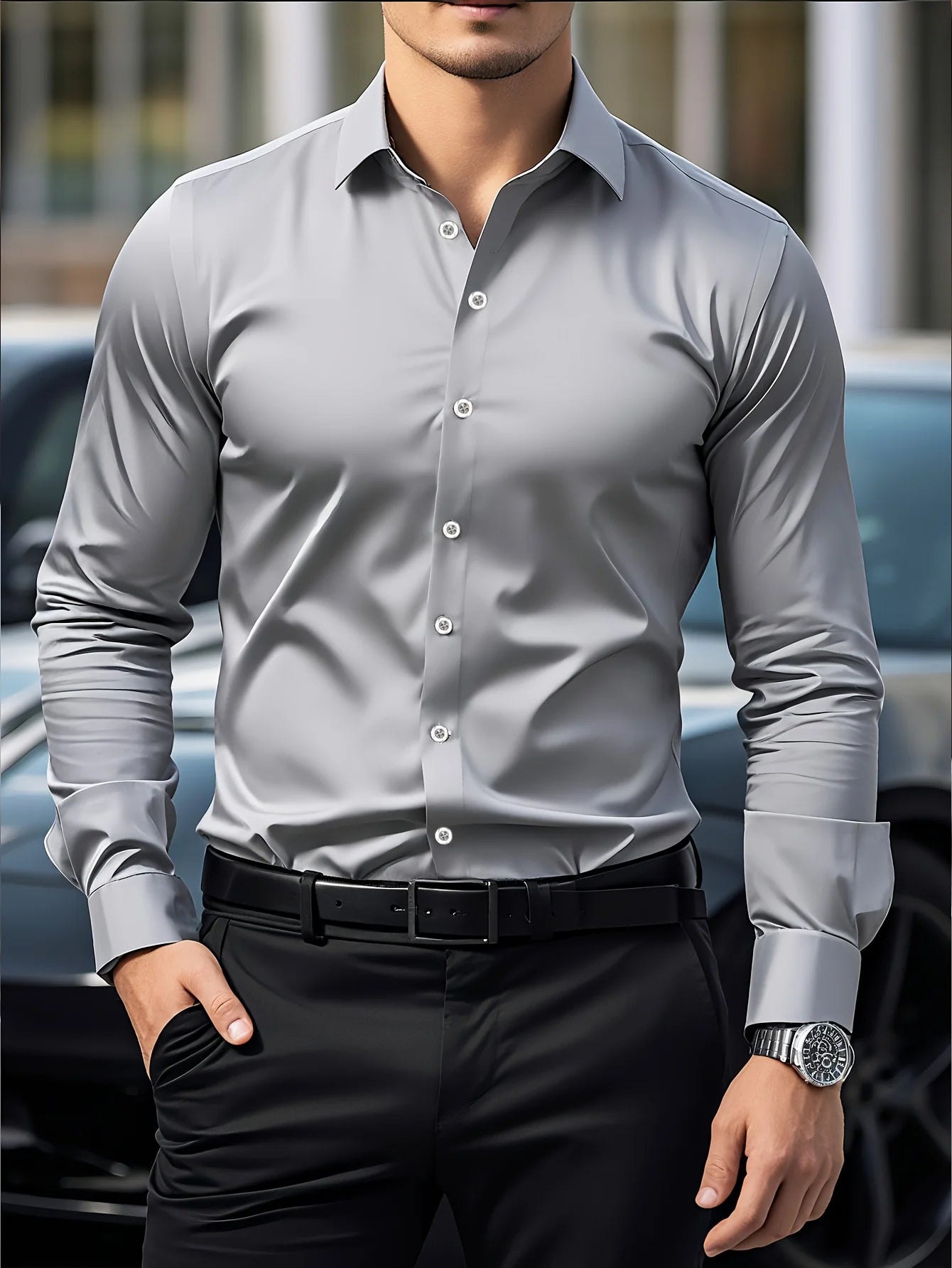 Camisa de manga larga de color liso para hombre