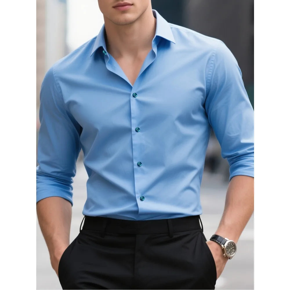 Camisa de manga larga de color liso para hombre