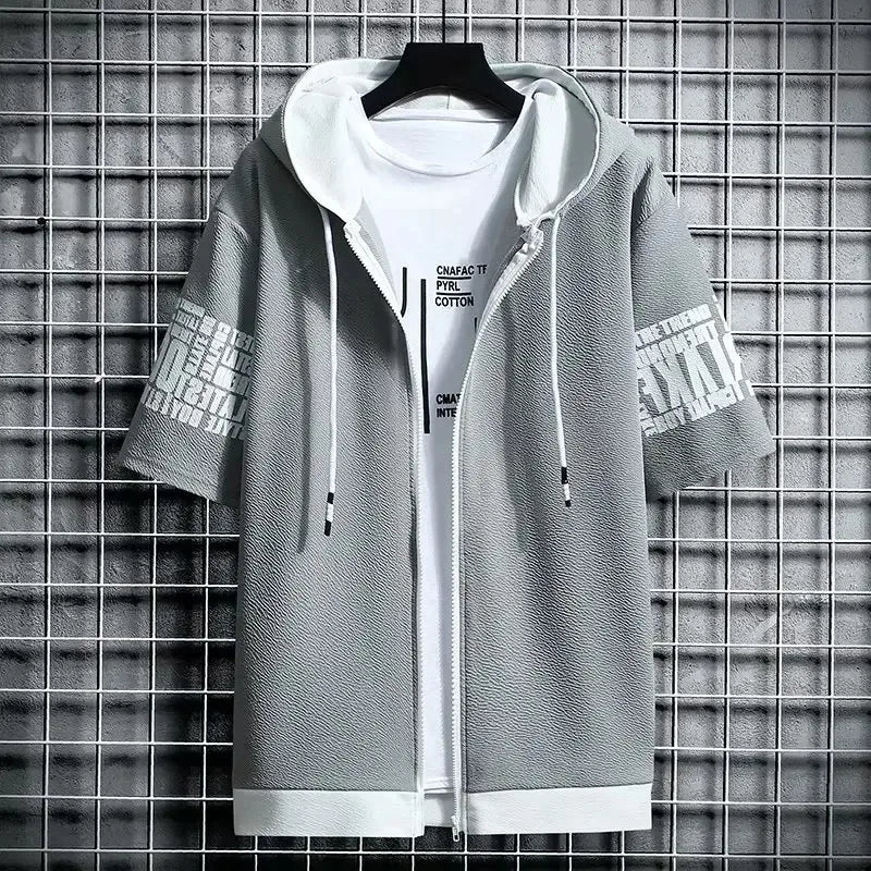Summer Zip-Up Hoodie Set – Unisex Short Sleeve Graphic Hooded Top & Shorts